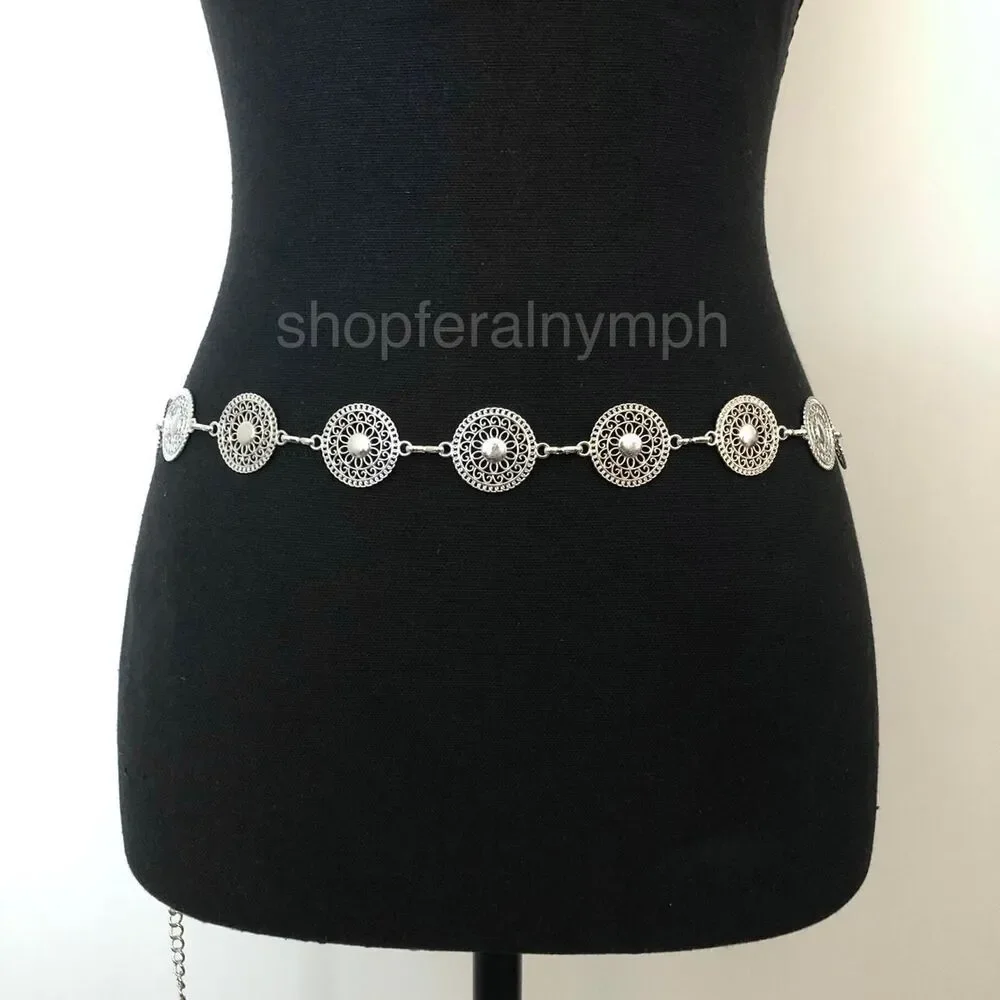 Vintage Y2K Boho Silver Mandala Circle Chain Belt, Fits 26.5–46 Inches, X7GA1166